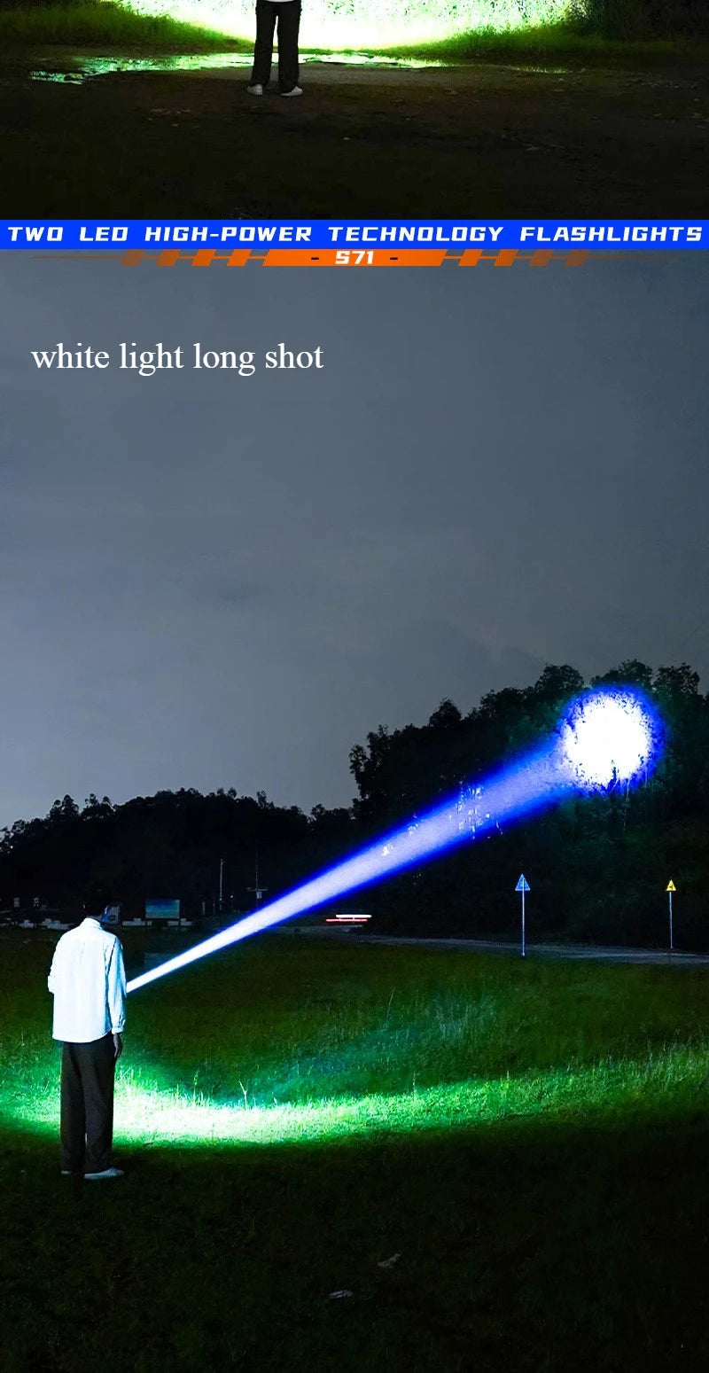 100000LM Dual Laser Flashlight White & Yellow Beam Rechargeable Zoom Tactical Torch with COB Side Light