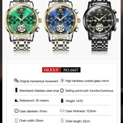 Original Automatic Watch Date Calendar Skeleton Hollow Stainless Steel Business Wristwatch Men Mechanical Watch