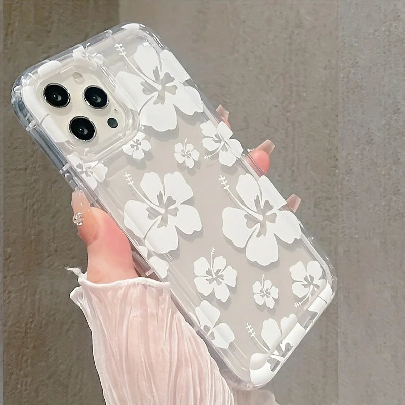White Flower Clear Phone Case For iPhone 17 16 14 15 Pro Max 16E Air Airbag Shockproof Phone Cover