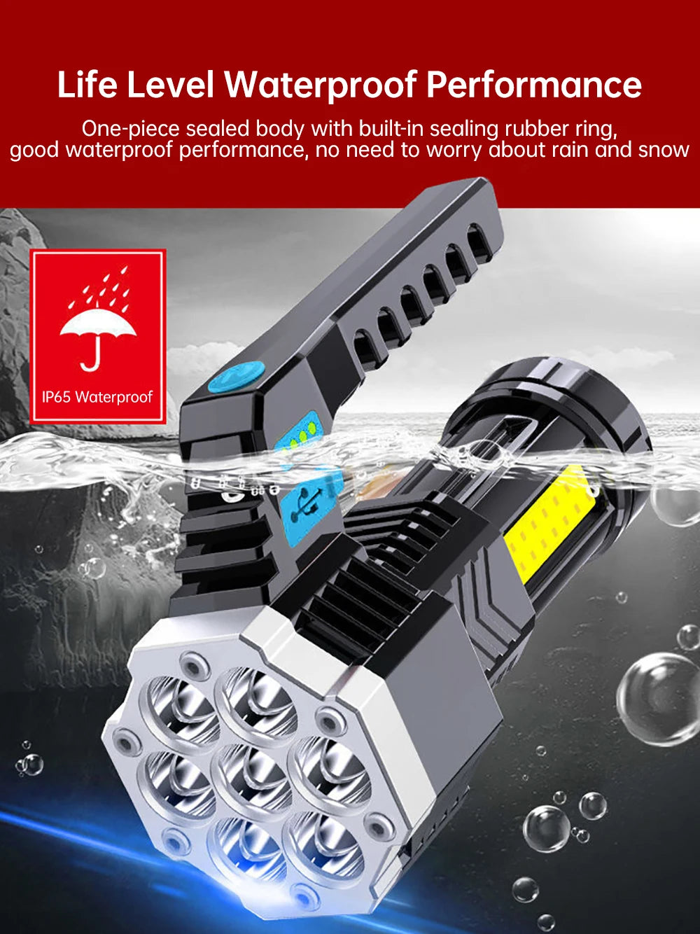 High Power 7 LED Flashlight Rechargeable USB Torch with COB Side Light Portable Outdoor Work Lamp