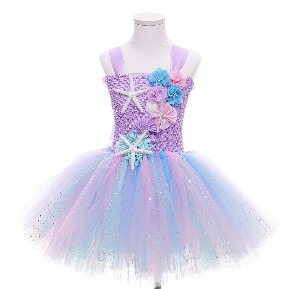 Pastel Mermaid Princess Tutu Dress with Flower Headband Party Costume