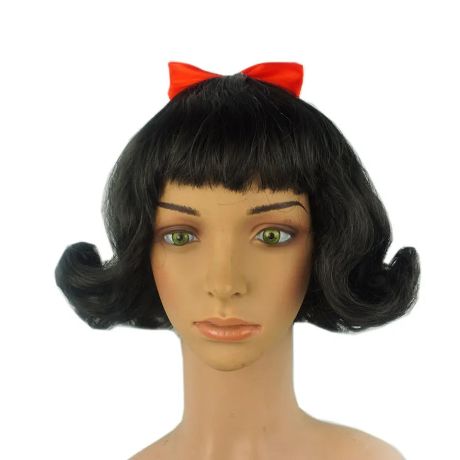 Cute Girls Snow White Dress Up Wig Girls Princess Cosplay Short Hair Black Curly Hair Wig with Red Bow  Role Play Props