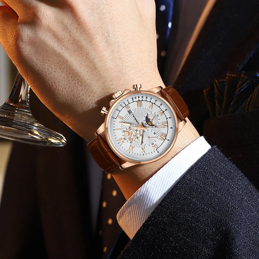 Watch Fashion Business Quartz Watch Sun, Moon and Star Multifunctional Luminous Waterproof Father's Day Gift