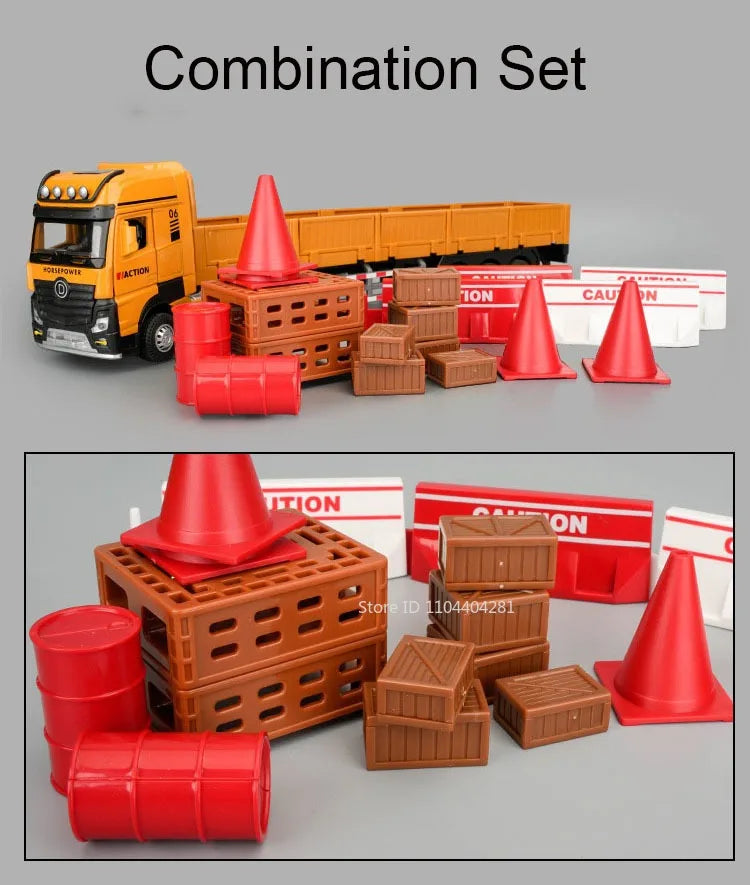 1:32 Roadblock Transport Truck Flatbed Trailer Model Toys Diecast Alloy Car Doors Opened Sound Light Pull Back Vehice Boy's Puzz