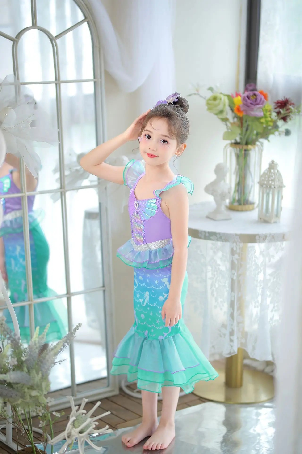 Mermaid Princess Dress for Girls - Summer flutter sleeves Sequin Tulle Dress Sparkling Ocean Themed Party Gown