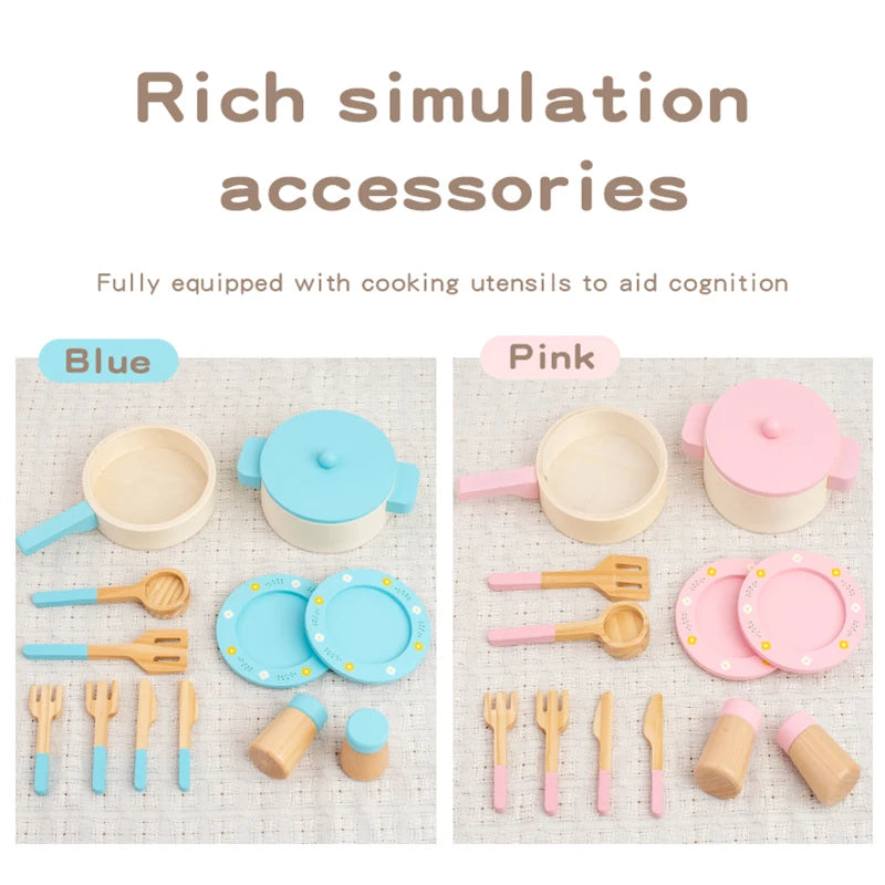 Wooden Pretend Play Kitchen Set with Pots Pans and Utensils