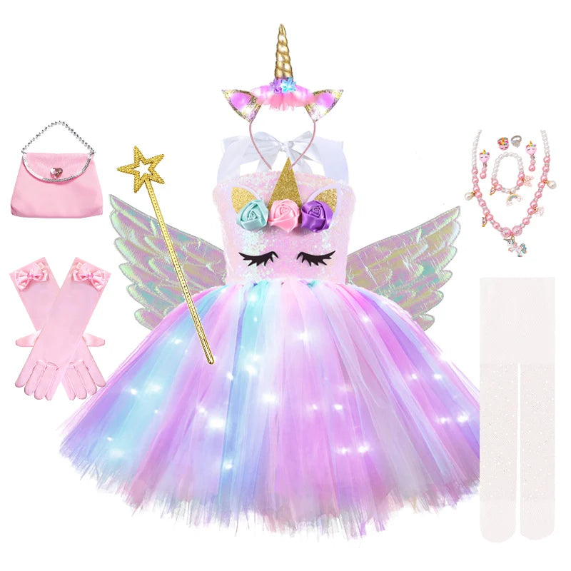 Girls Rainbow Unicorn Light Up Tutu Dresses for Kids Birthday Party Sequins Glowing Knee Length Dress Halloween Animal Costumes