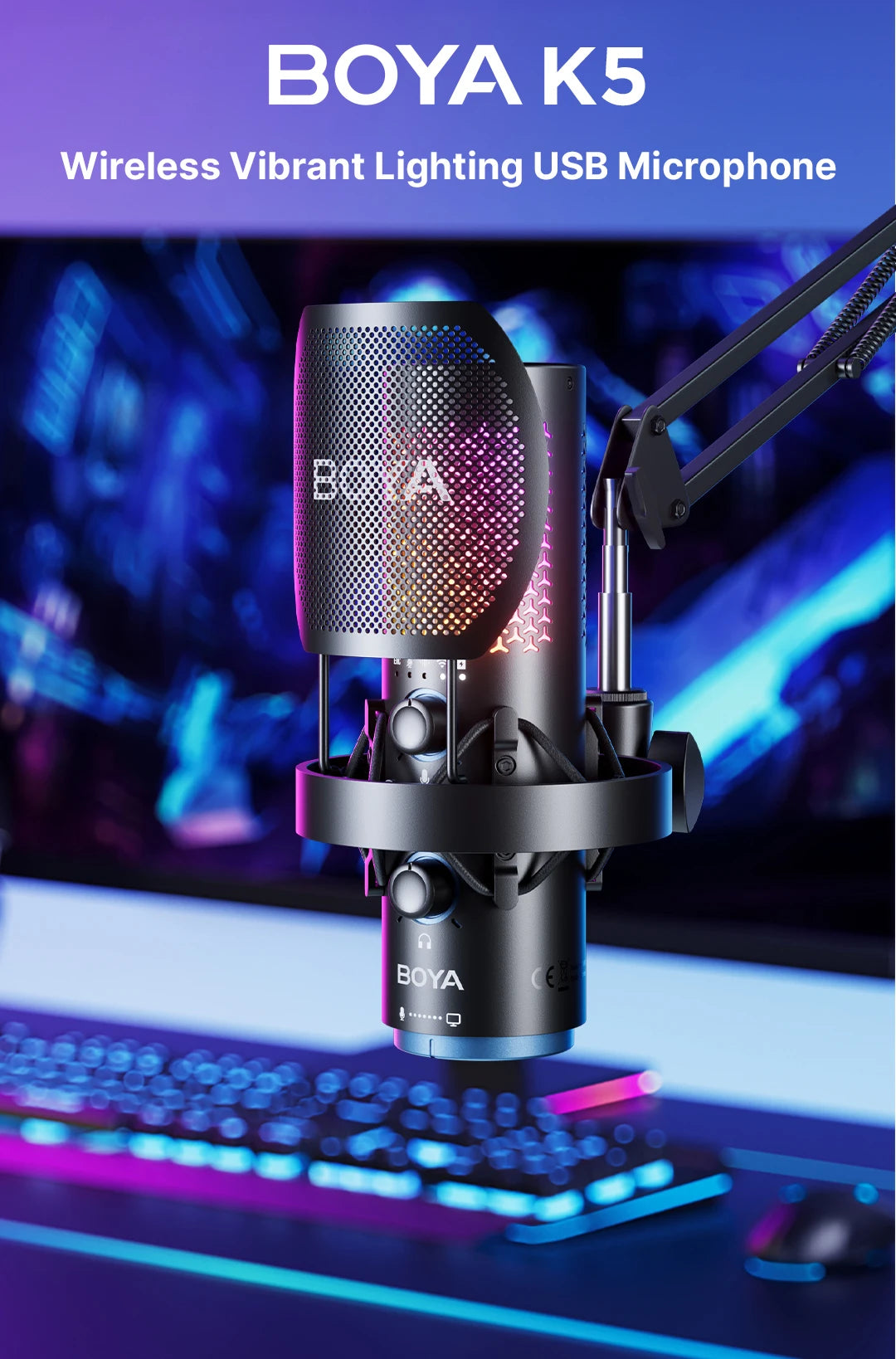 K5 USB Microphone for Gaming Live Streaming on PC Mac,Headphone Jack/Touch-Mute Button/RGB/AI Noise Reduction/Gain Control