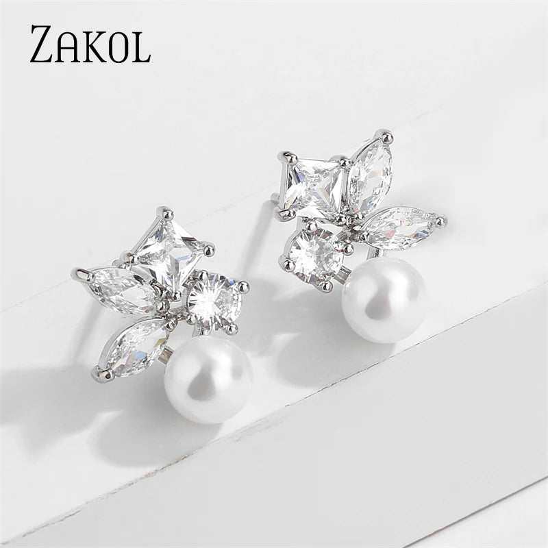 Green Leaf Shape Pearl Stud Earrings for Women Cute Round Marquise Zircon Earring