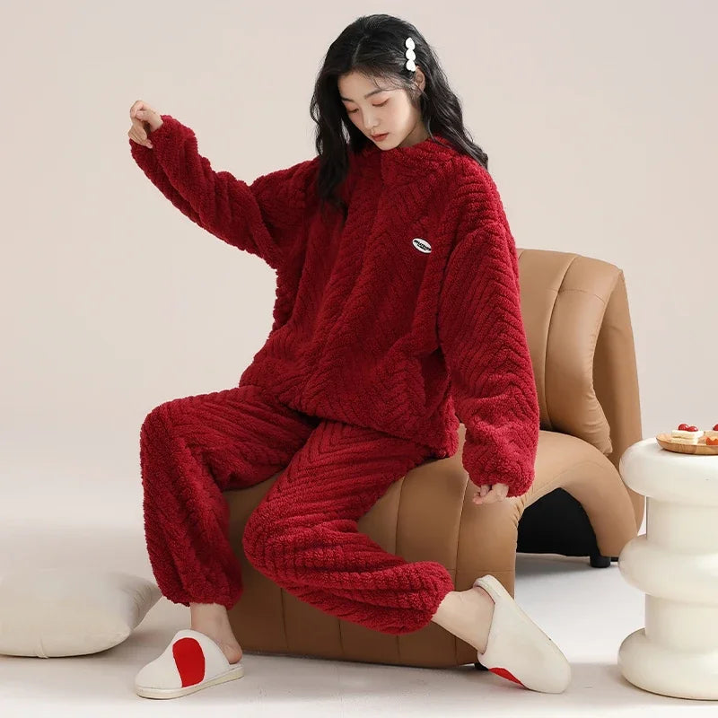 Women’s Christmas Fleece Pajama Set – Warm Flannel Zipper Sleepwear, Thick Coral Velvet