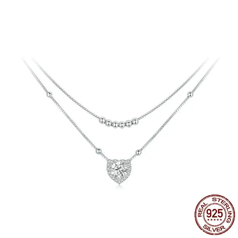 Double-layer 1CT Moissanite Heart Necklace D-Color Lab Diamond With GRA 925 Sterling Silver Beads Chain