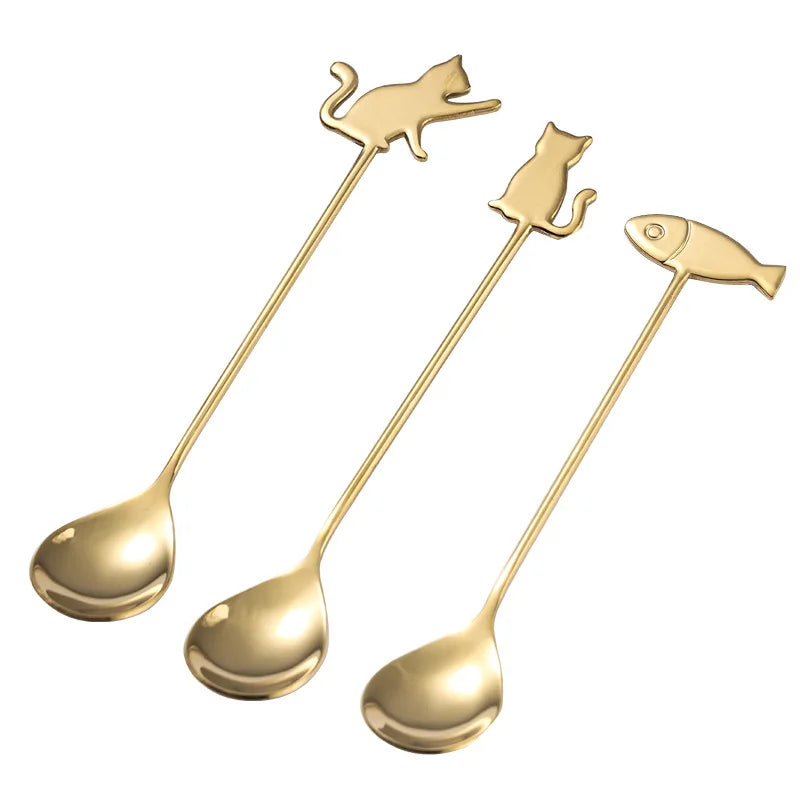 Coffee Spoon Lovely Cute Cat Shape Teaspoon Dessert Snack Scoop Ice Cream Mini Spoons Kitchen ToolsTableware 304 Metal