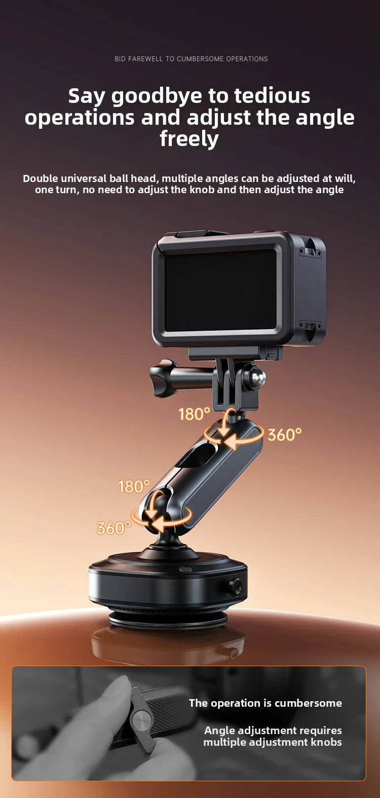 Electric Vacuum Suction Car Action Camera Mount Aluminum Alloy 360 Degree Adjustable Camera Holder for Dashboard and Outdoor Recording