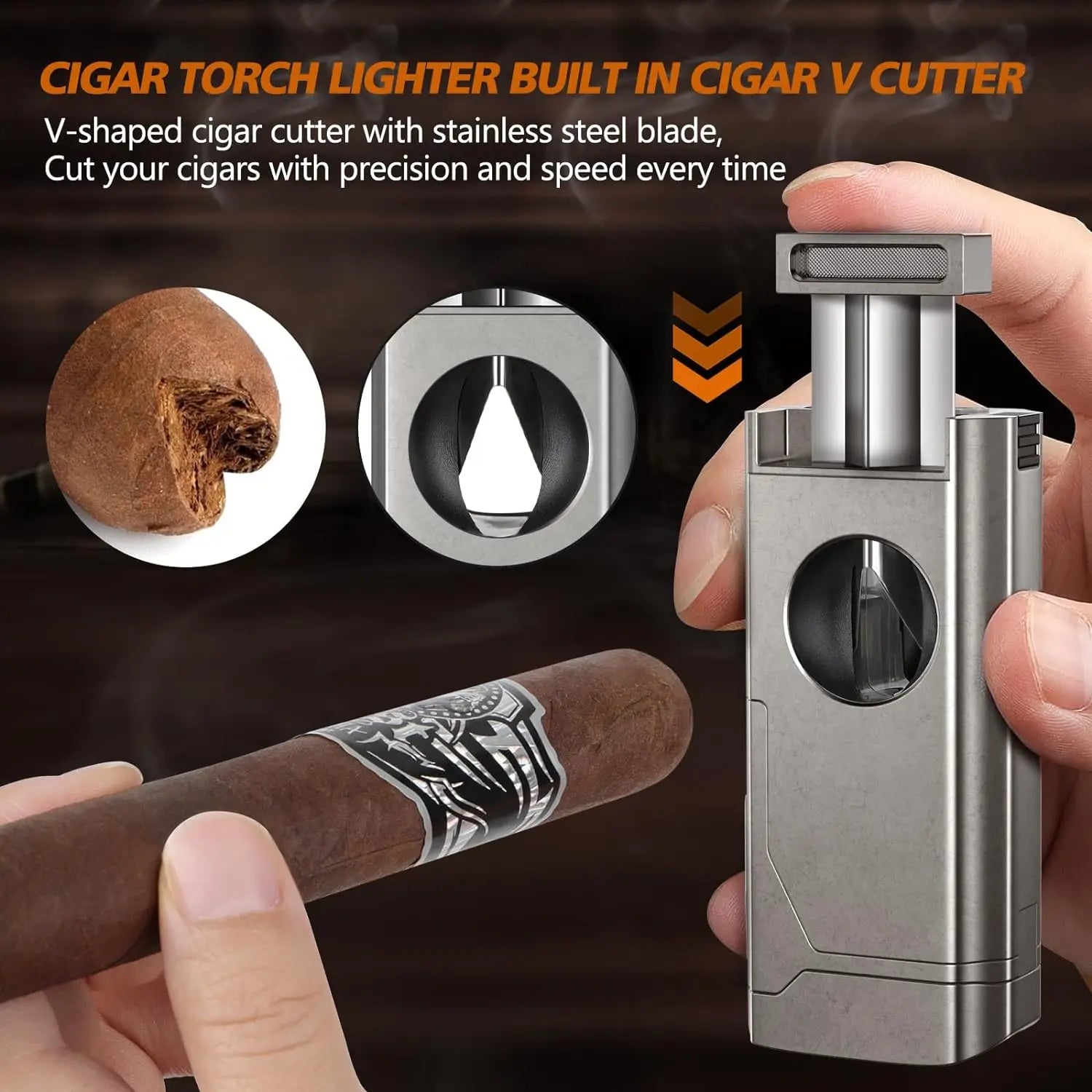 Cigar Lighter 4 Jet Flame,Refillable Butane Lighter with Cigar Cutter V Cut Cigar Punch Cigar Holder Cigar Draw Enhancer