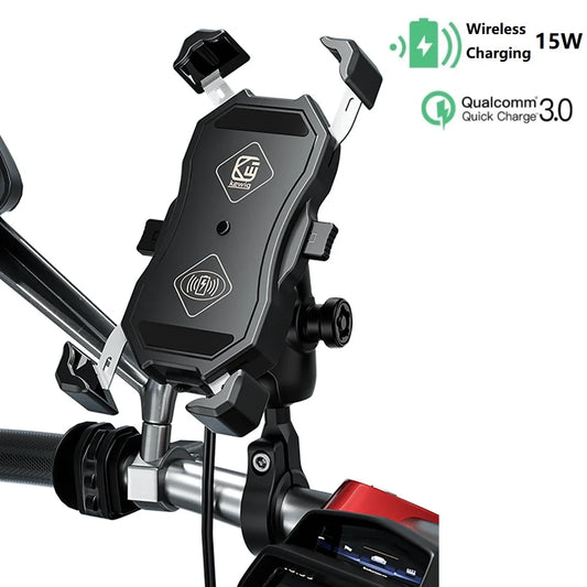 Upgraded Motorcycle Phone Holder 15W Wireless Charger USB QC3.0 Fast Charging Bike Smartphone Stand 360 Cellphone Support