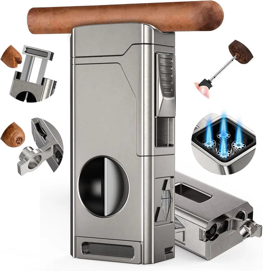 Cigar Lighter 4 Jet Flame,Refillable Butane Lighter with Cigar Cutter V Cut Cigar Punch Cigar Holder Cigar Draw Enhancer