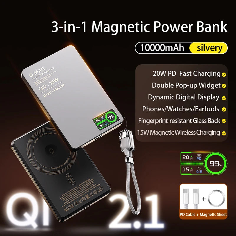 Magnetic Wireless Powerbank Qi 2.1 USB-C Fast Charging External Battery for iPhone 12-17 Pro Airpods Apple Watch Xiaomi 10000mAh
