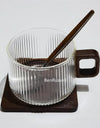 300ml Heat-resistant Stripe American Latte Glass Coffee Mug With Wooden Tray Spoon Milk Tea Cup Fresh Ground Coffee Cup
