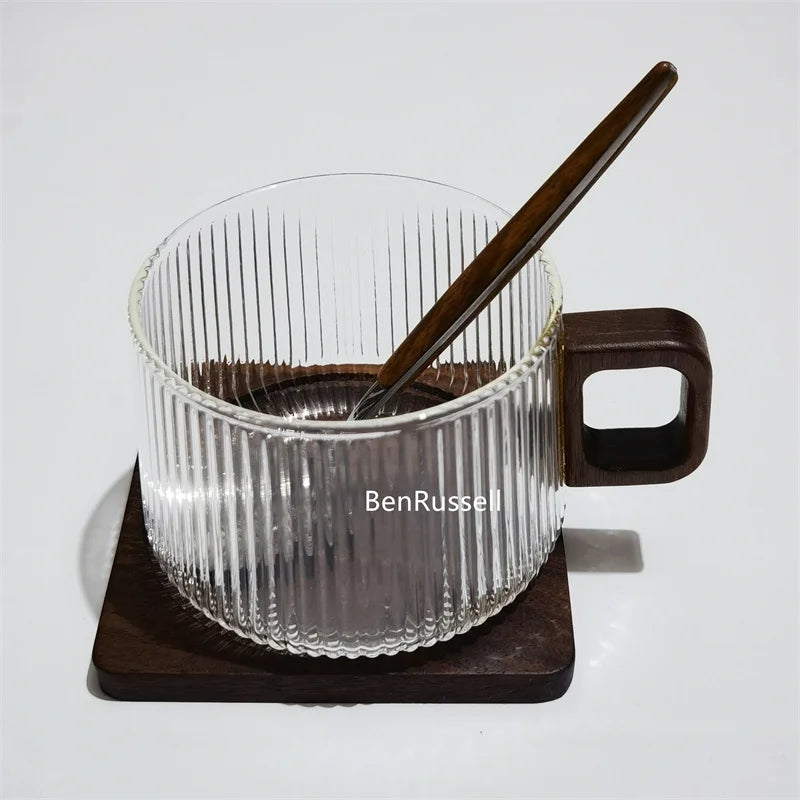 300ml Heat-resistant Stripe American Latte Glass Coffee Mug With Wooden Tray Spoon Milk Tea Cup Fresh Ground Coffee Cup