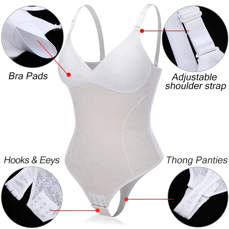 Womens Lace Bodysuit Tummy Control Shapewear Thong Built-in Bra Corset Tops Body Shaper Camisole Butt Lifter Jumpsuits