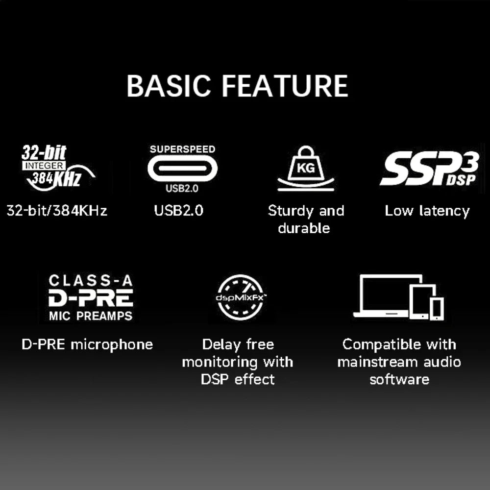 2 Channel USB Audio Interface Mixer For Guitar Recording And Studio Streaming