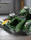 1/10 Alloy Retro Tricycle Side-car Motorcycle Model Diecast Metal Classic Military Motorcycle Model Sound and Light Toy Gift
