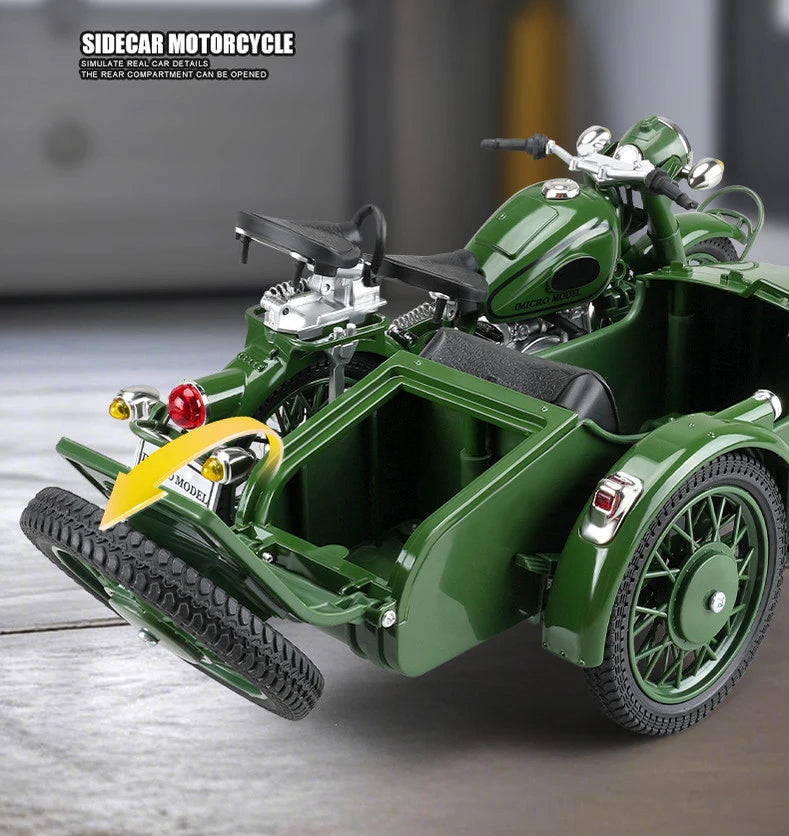 1/10 Alloy Retro Tricycle Side-car Motorcycle Model Diecast Metal Classic Military Motorcycle Model Sound and Light Toy Gift