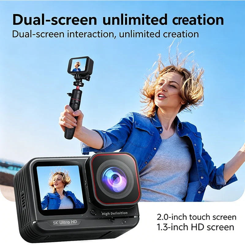 5K Action Camera 4K60FPS Waterproof Sport Camera with 6-Axis EIS Touchscreen Dual Screen