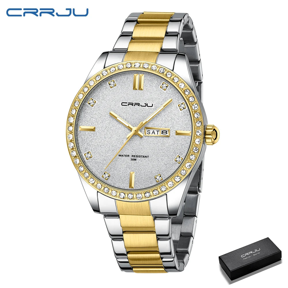 New Luxury Rhinestones Dial Watches with Stainless Steel Band Wristwatch with Auto Date and Luminous Relogio Masculino