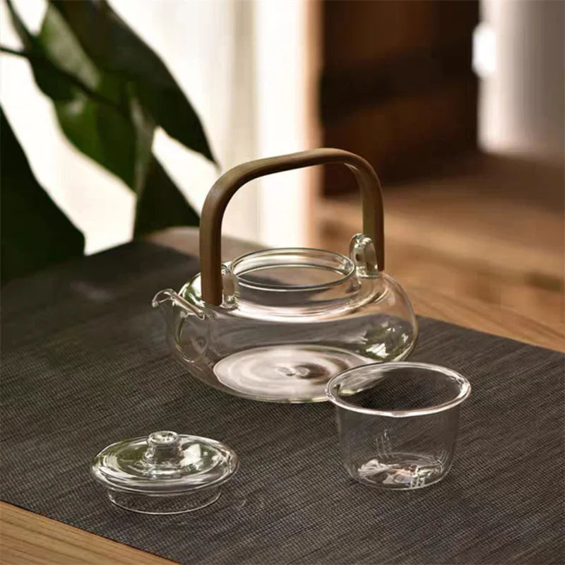 Japanese Style High Borosilicate Glass Teapot with Bamboo Handle
