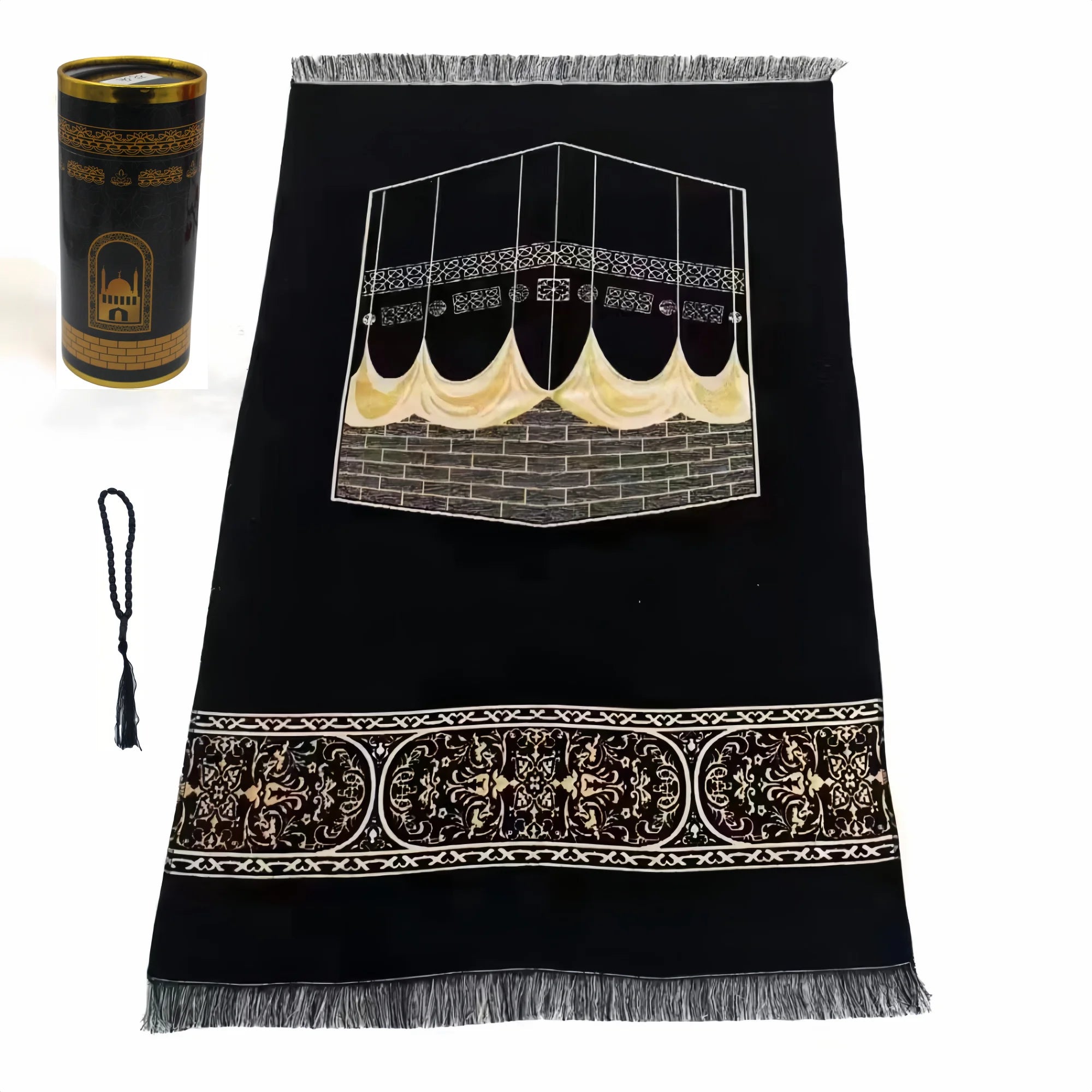 Lightweight Prayer Rug and Prayer Beads with Elegant Cylinder Gift Box Soft Sajadah Islamic Gifts Set Portable Prayers Mat Black
