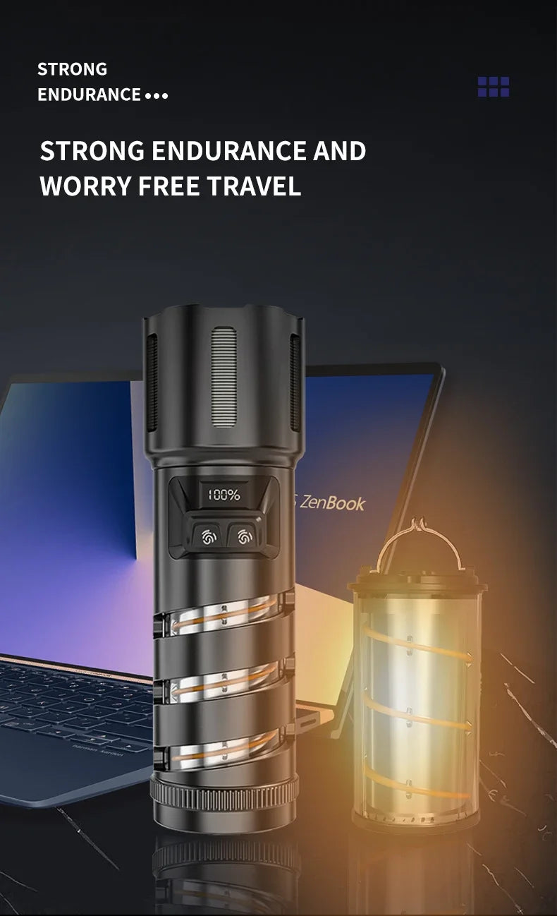 2-in-1 XHP360 High Power Tactical Flashlight Rechargeable Zoom Torch with Camping Light Power Bank Safety Hammer