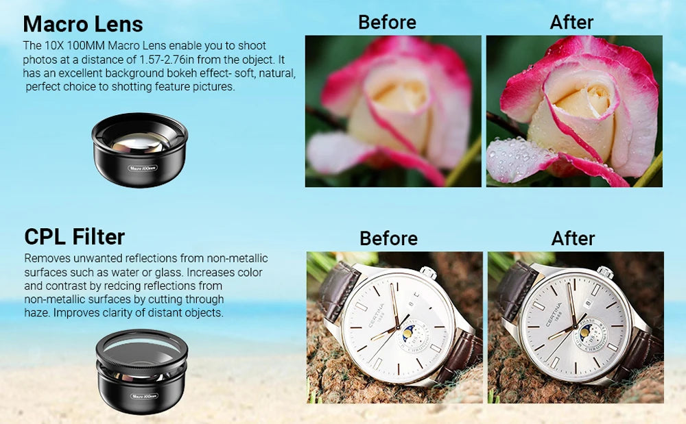 100mm Macro Smartphone Camera Lens with CPL Filter and Clip