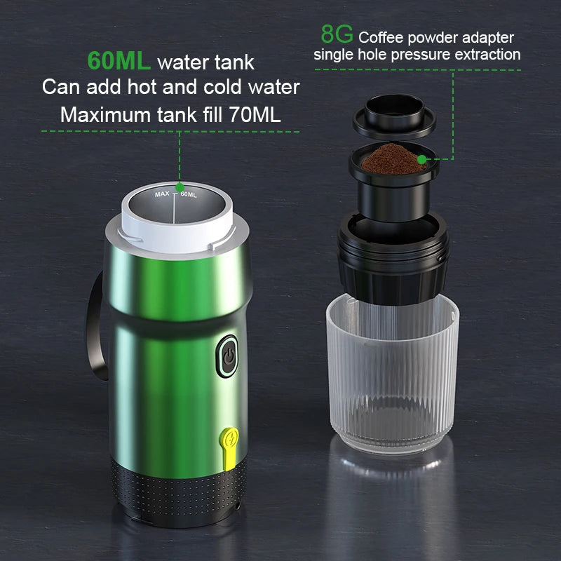 Foombthe Electric Portable Coffee Machine Italian Espresso Machine for Car & Home 3-in-1 Capsule Powder Travel Coffee Maker