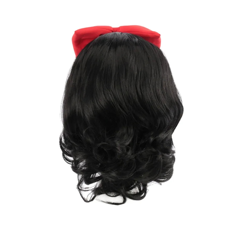 Cute Girls Snow White Dress Up Wig Girls Princess Cosplay Short Hair Black Curly Hair Wig with Red Bow  Role Play Props