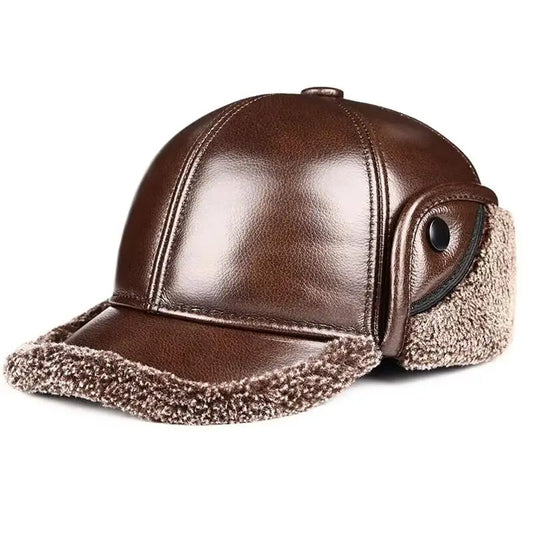 Winter outdoor Men's Leather The Bomber Hat Thicken Leather Cowhide Baseball Caps keep warm With Ears Warm