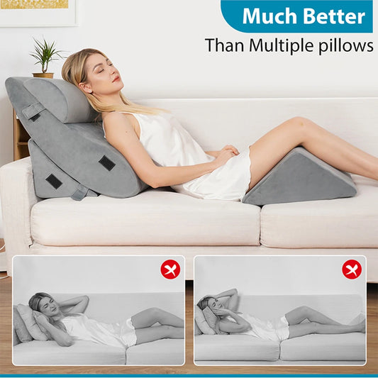 4 Piece Orthopedic Bed Wedge Pillow Set with Adjustable Wedge Sleep Pillow for Back, Neck and Leg Pain Relief Comfort