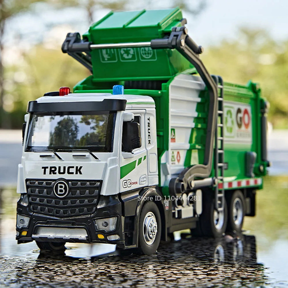 1:18 Electric Sanitation Garbage Truck Toy Cars Model Alloy Water Tanker Diecast Light Sound Vehicle 's Educational Toys