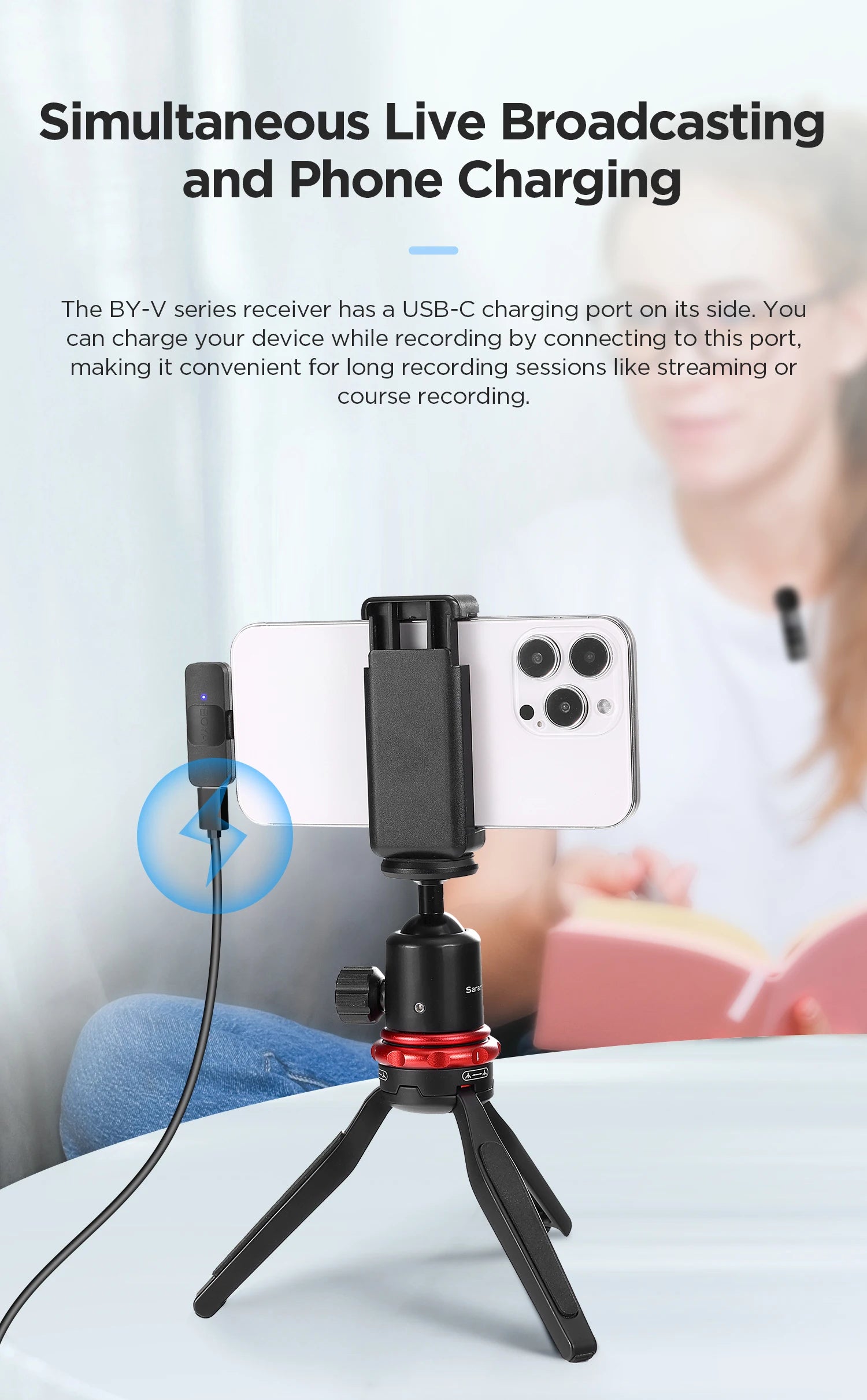 BY-V Wireless Lavalier Microphone for iPhone 15/16 Series Samsung TECNO REDMI Type-c Devices Video Recording Streaming Vlog