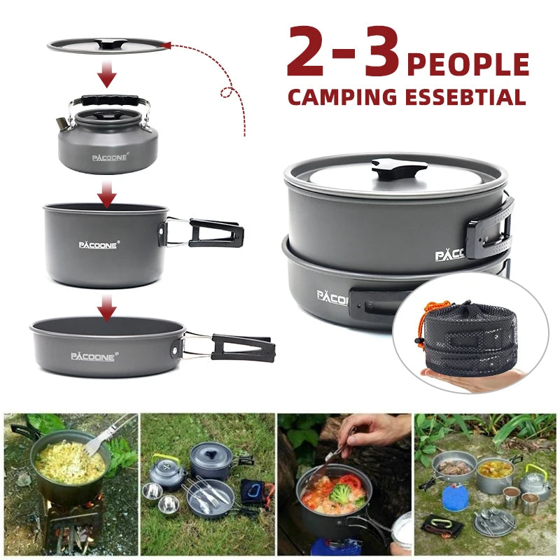 Camping Cookware Set Outdoor Portable Foldable Cookware Set Pot Cooking Kettle Set Tableware Hiking Picnic Equipment