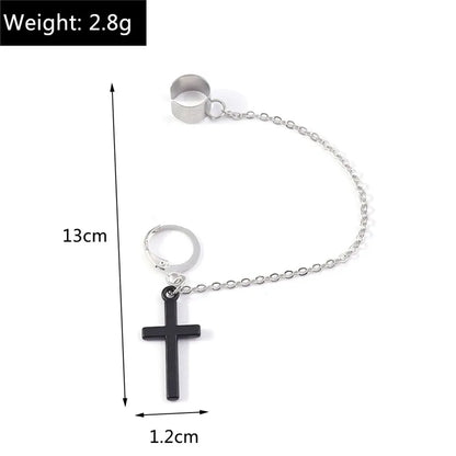 1pc Punk Black Cross Tassel Earrings Clip Stud Earring Christian Gothic Hip Hop Jewelry Metal Chain Ear Ring Earring