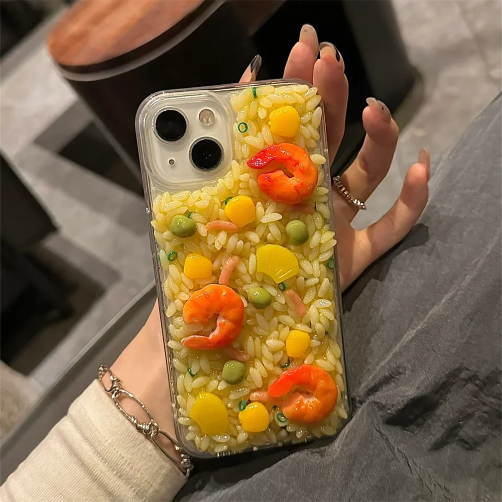 Cute Cartoon Shrimp Corn Fried Rice Phone Case For iPhone 15 13 14 Pro Max Clear Lens Protection Soft Silicone Back Cover