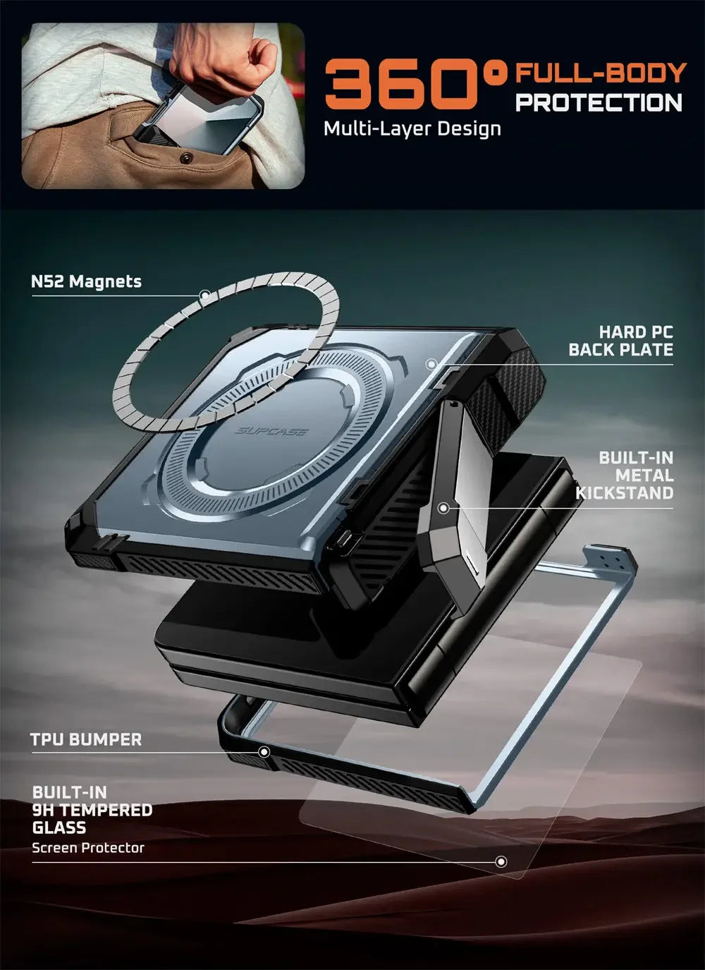 For Samsung Galaxy Z Flip 7 Case UB Grip Military-Grade Rugged Back Phone Case with Stand & Front Screen Protector