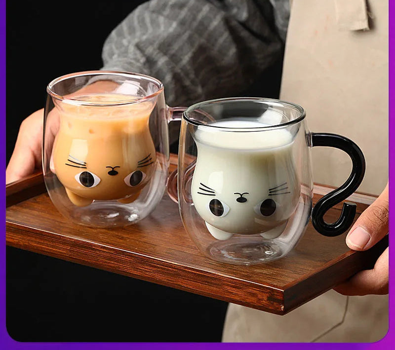 250ml Cartoon Cat Double Wall Glass Cute Coffee Tea Cup Heat-resistant Coffee Mug Handle Espresso Cup For Latte Cappuccino