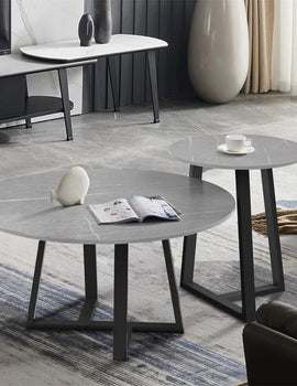 Round Modern Marble Nesting Coffee Set of 2, Stacking Living Room Accent Tables Furniture Sintered Stone Tabletop End Table