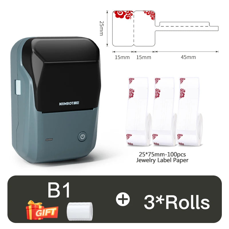 B1/B21 Jewelry Label Printer, Bluetooth Wireless Thermal Sticker Maker 20–50mm, Inkless Price Tag Label Machine for Necklace Ring Bracelet