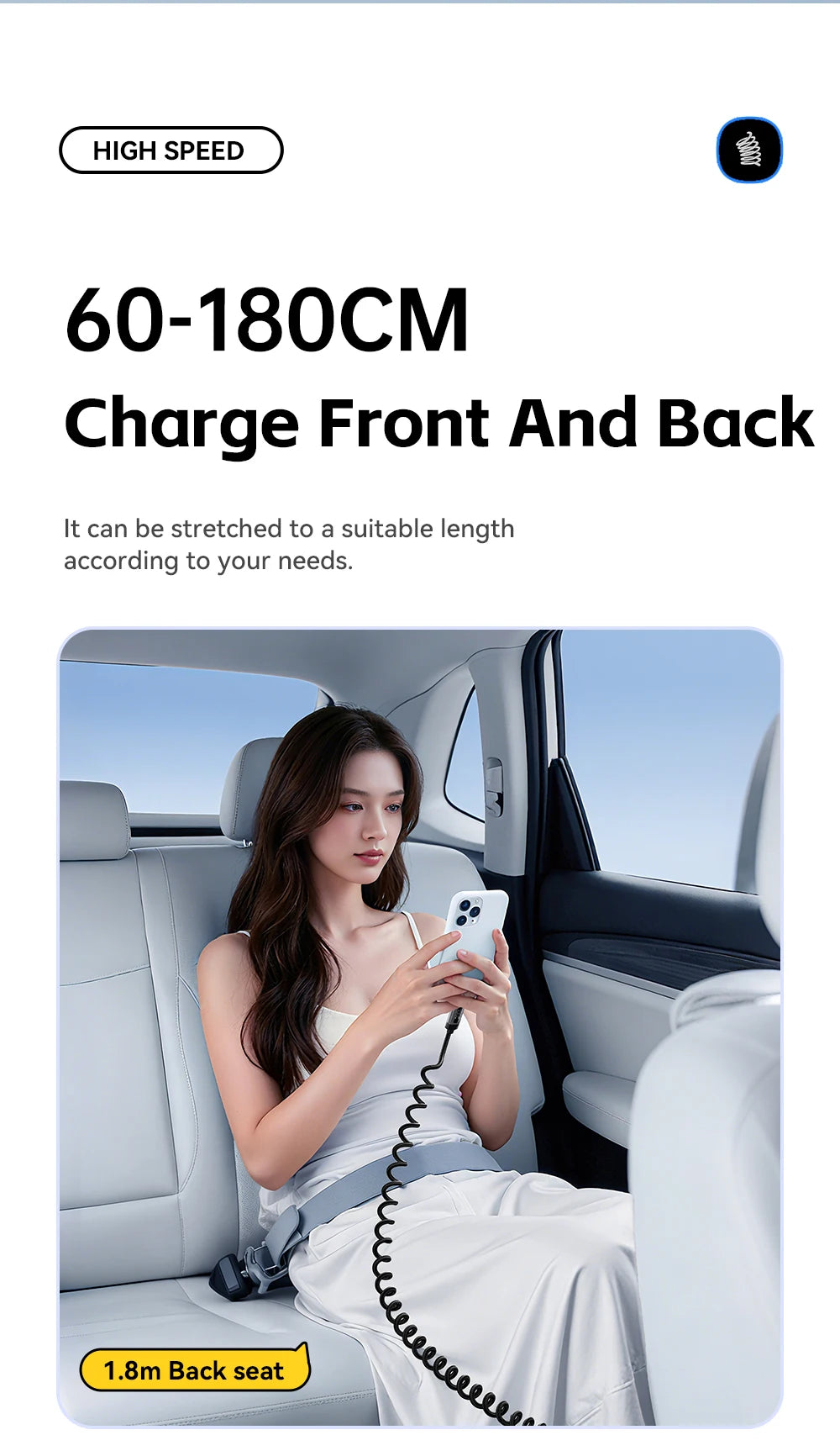 100W Car Spring USB-C to USB-C Fast Charging Cable (Retractable)