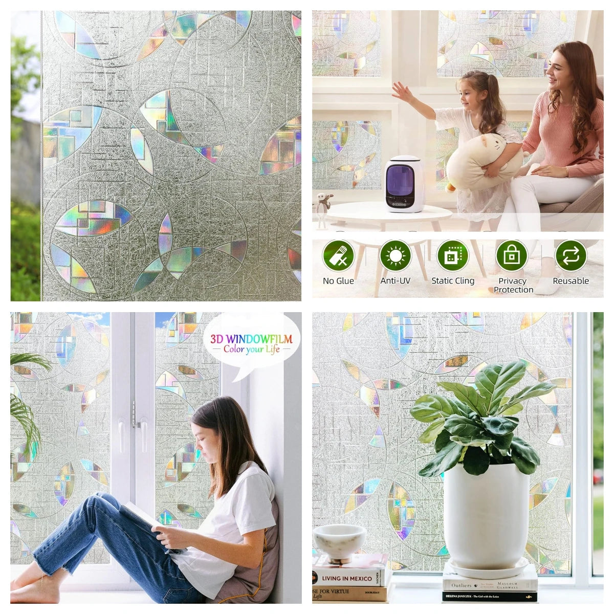 Wide 75/90 cm 3D Vinyl Window Privacy Film, Heat Insulation Rainbow Window Films, UV Protection Decorative Glass Stickers