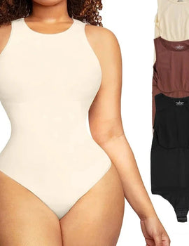 Tank Top Bodysuit Women Seamless Tummy Control Bodysuit Shapewear Crew Neck Thong Snap Waist Trainer Body Shaper