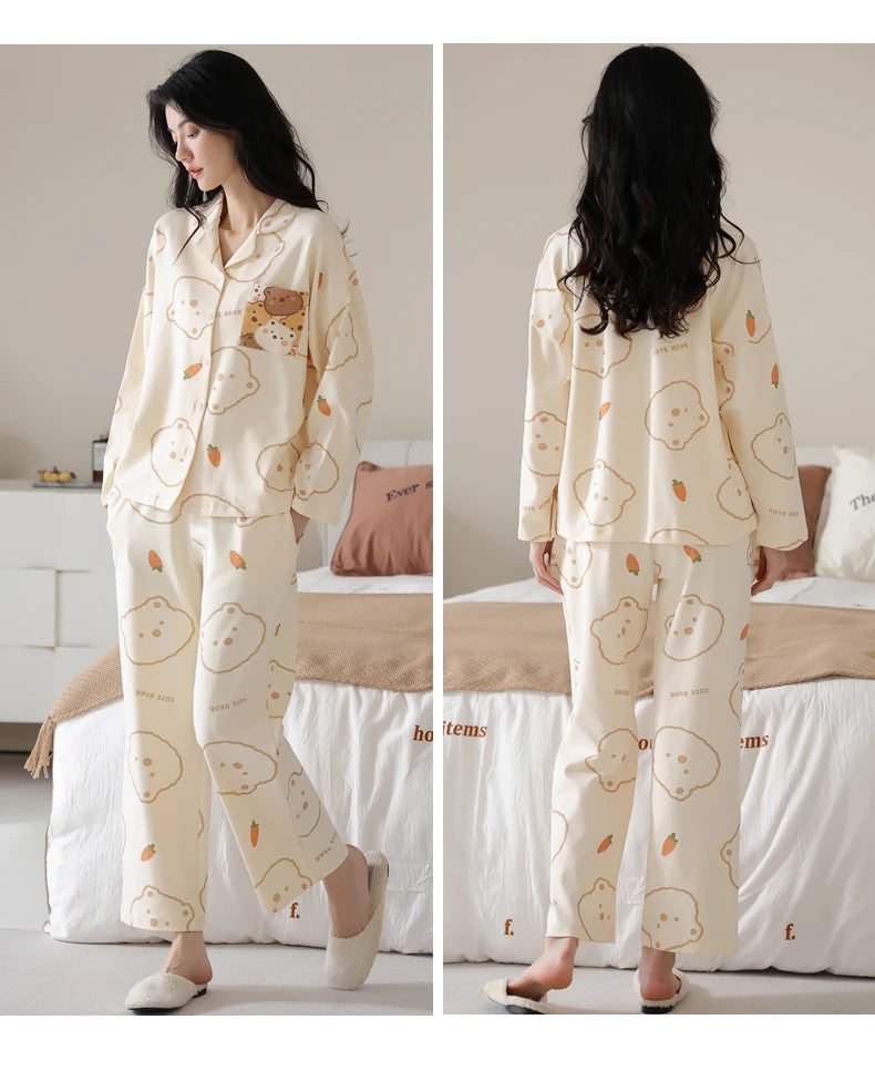 Women’s Winter 100% Cotton Pajama Set – Loose Fit, Turn-Down Collar, Long Sleeves, Cute Pink